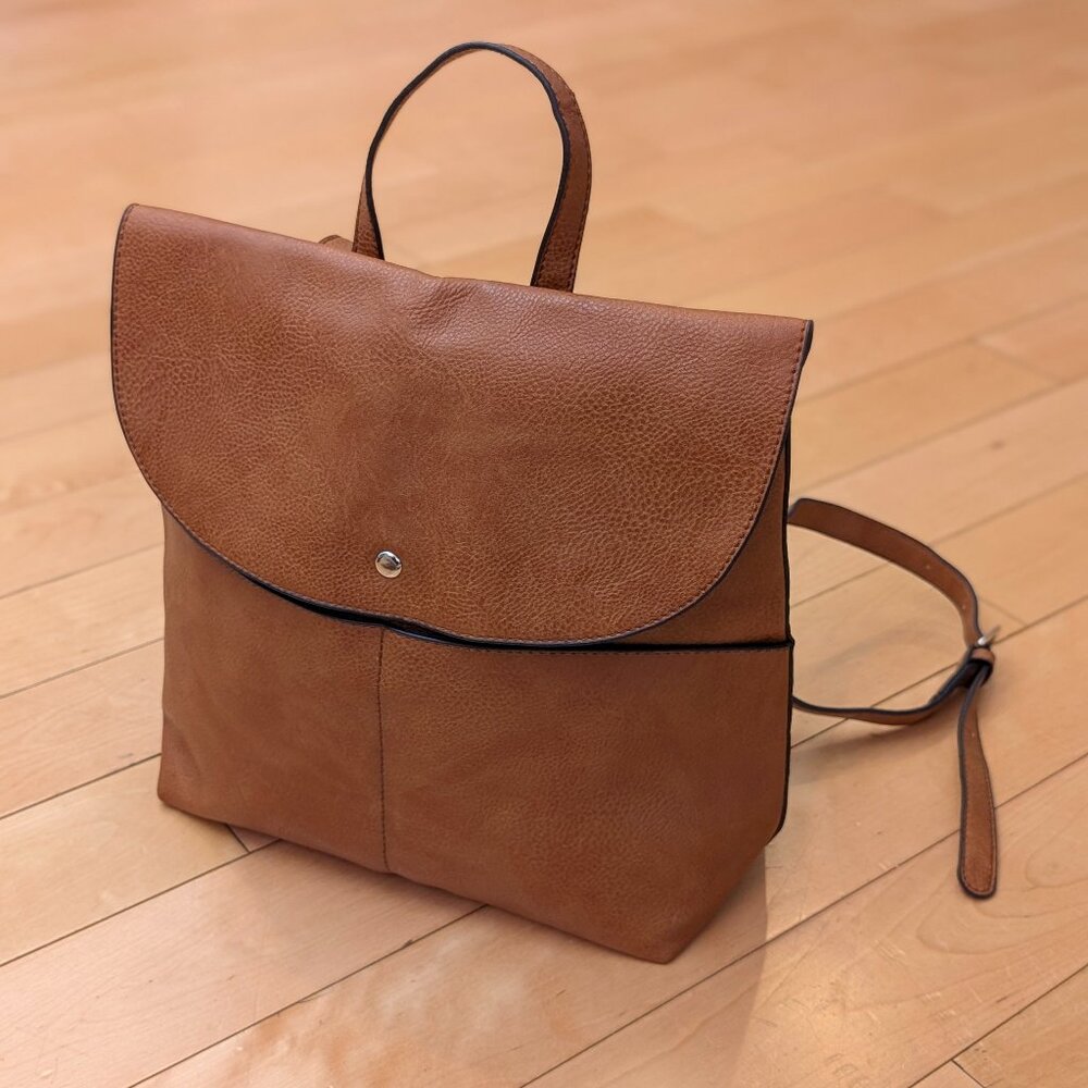 MOVING SALE Brown Leather Sack Backpack with 2 Front Pockets and Skinny Straps